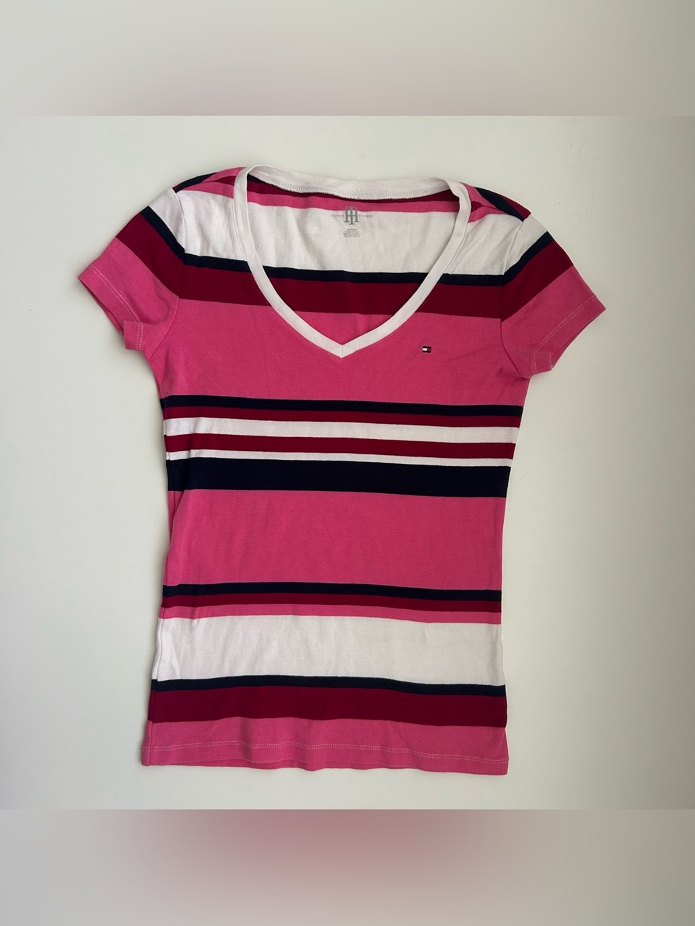 Tommy Hilfiger Pink, Navy & White Striped V-Neck Tee